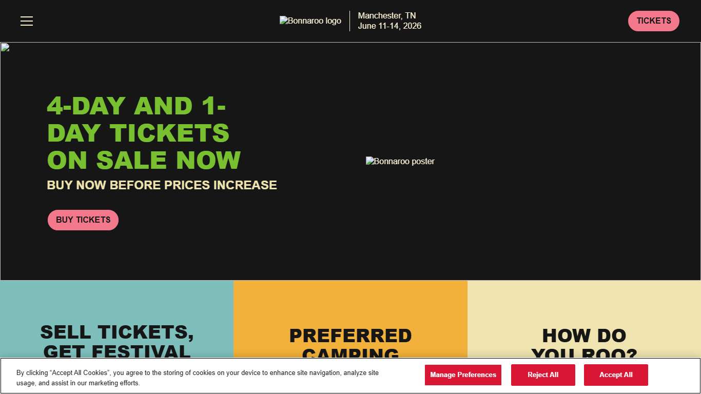 Bonnaroo Music & Arts Festival Manchester, TN June 11-14, 2026